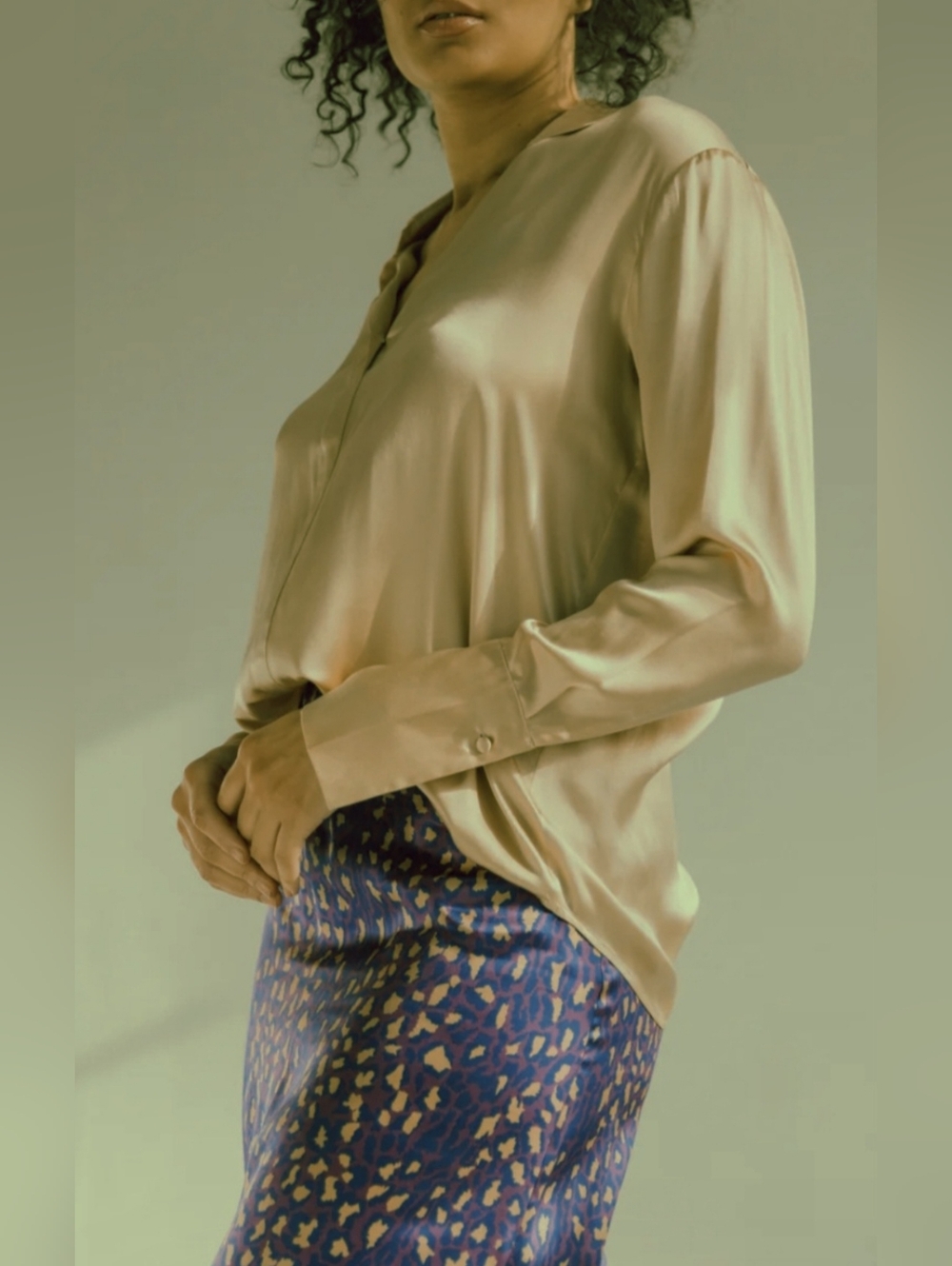 Raquel Allegra Luxury 100%Silk Champagne Popover Blouse Large